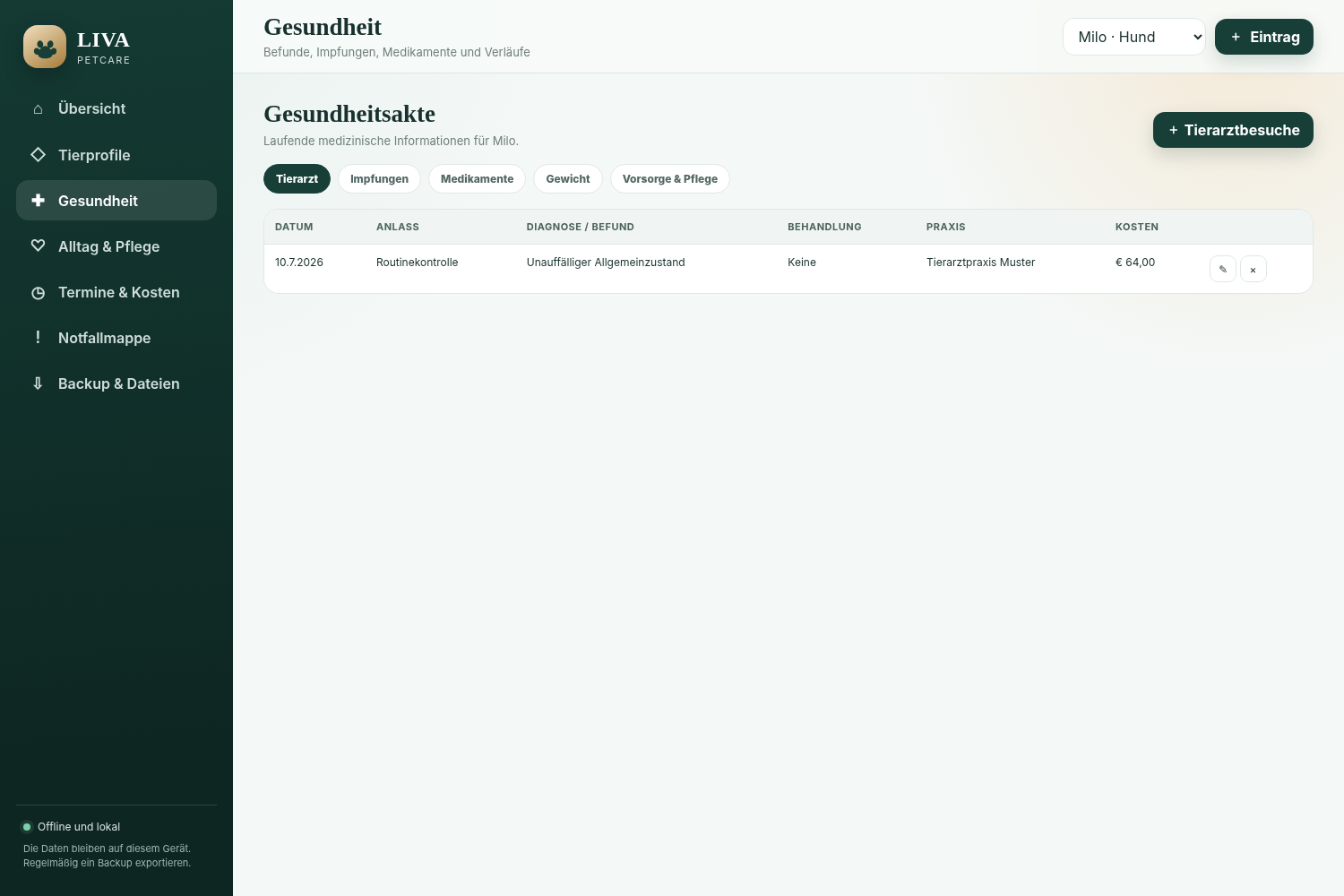 Gesundheitsakte in LIVA PetCare