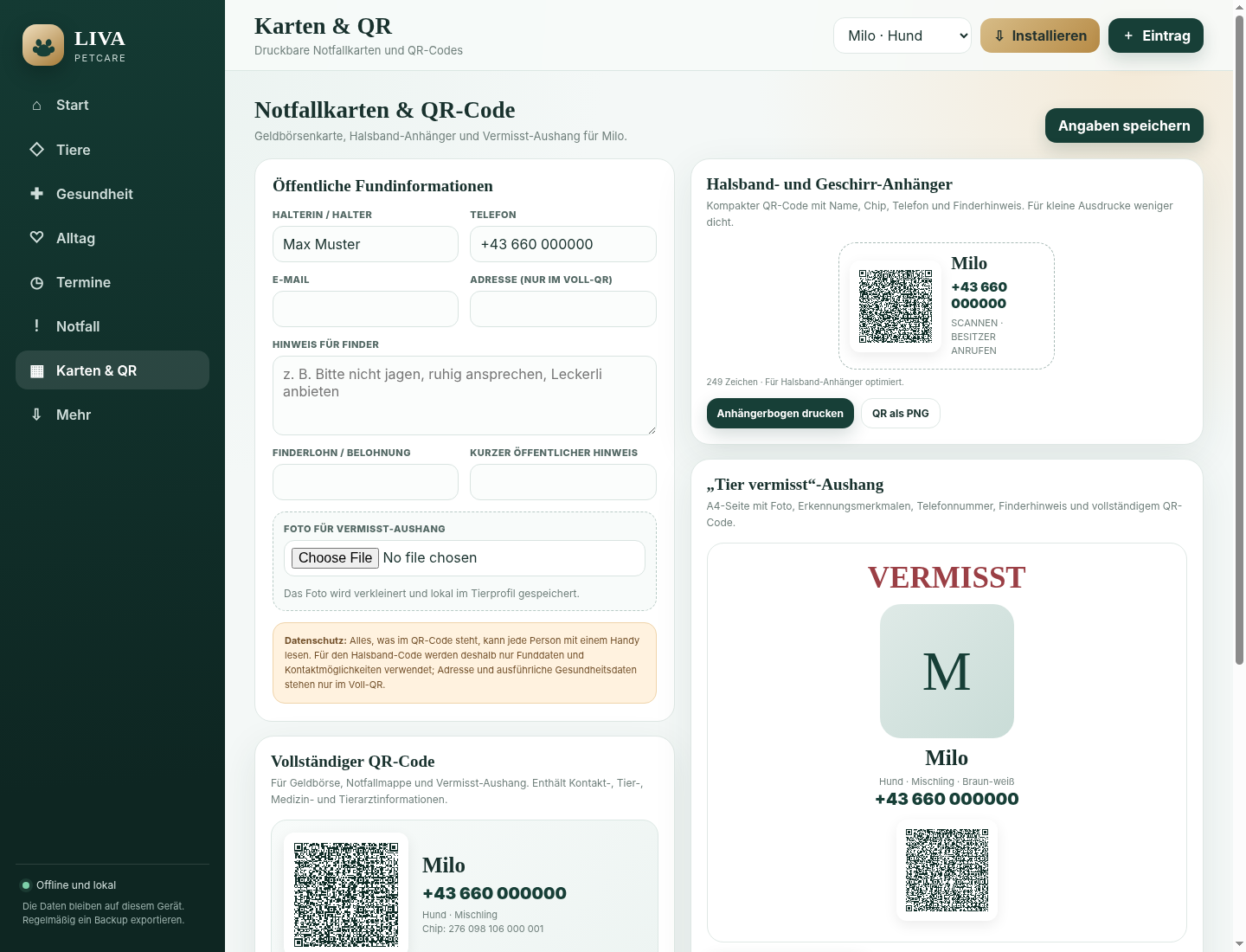 LIVA PetCare QR- und Vermisst-Funktion